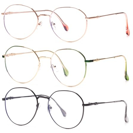 QXEYEGLAS 3 Pack de lunettes de lecture élégantes à monture ronde en métal 1.5 pour femmes, lunettes loupe ovales rétro, lecteurs pour ordinateur anti-lumière bleue
