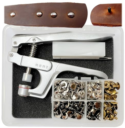 RERI Set di borchie in pelle con pinza, 12 mm, in metallo, doppio tappo a pressione, per lavori fai da te, riparazione fai da te