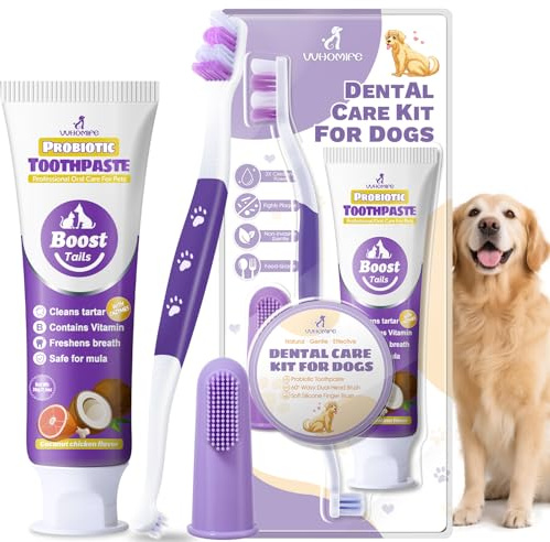 VVHOMIFE Premium Dog Oral Care Kit - Natural Coconut Chicken Flavored Toothpaste,Dual Head Toothbrush and Finger Toothbrush for Dogs,Plaque Prevention,Tartar Control.2.46oz(Pack of 1)