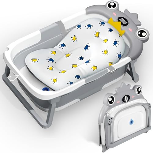 ZHHGOO Bañera Plegable Bebe, Bañera Bebe con Termometro y Cojín, Bañera Bebe Portátil, Reductor Bañera Bebe, Bañera de Bebe para Recién Nacidos y Niños de 0 A 36 Meses (Gris)