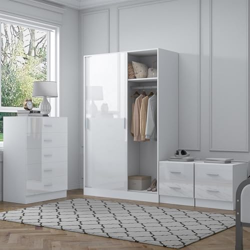 Reflect 2 Door Sliding Wardrobe, 5 Drawer Tallboy Chest, 2x 2 Drawer Bedside Tables | White Gloss & Matt White Finish | Modern Bedroom Furniture Set