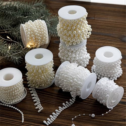 Cuerdas decorativas de perlas blancas para bodas, fiestas y proyectos de decoración del hogar (beige, 8 mm, 5 m)