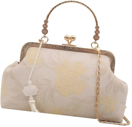 Bolso de noche tradicional Cheongsam Styles suave con cadena, bolso de hombro intrincado bordado detallado, diseño compacto, elegante bolso Qipao, White, One Size