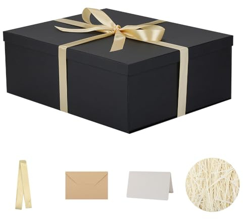 Caja de regalo grande Negro con tapa 42 x 32 x 15,5 cm, Cajas de Regalo Premium con Tapa y Cinta para Regalos de San Valentín, Navidad Incluye Papel seda triturado Tarjetas sobre