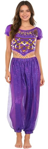 Baisdan Costume de Danse du Ventre 2 Pièces Jasmine pour Adulte avec Haut Lanterne et Pantalon pour Halloween, Carnaval, Danse, Spectacle