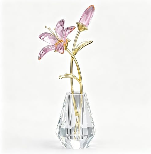 Pink Crystal Lily Figurine, Glass Flower with Vase, for Women | K9 crystal, metal stem, faceted cut, sparkles. For wedding, home, birthday, Mother's Day, Valentine's. Set with box & card.