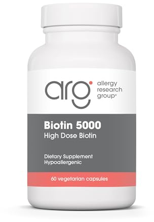 Allergy Research Group Biotin 5000 Supplement - 5000mcg Biotin, Vitamins for Hair, Skin and Nails, High Dose, Vegetarian Capsules, Hypoallergenic, Gluten Free - 60 Count