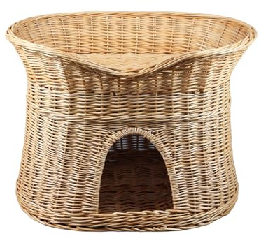Damian-Wiklina Kattkorg för att sova – kattkoja inomhus – storlek L: 60 cm oval – kattgrotta av pil – hundar med två våningar – eller kattsäng – naturlig korgfärg