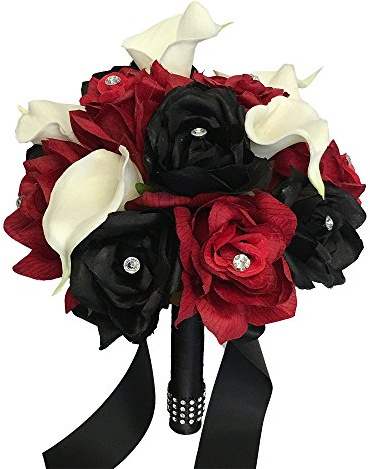 Angel Isabella Build Your Wedding Package-Artificial Flower Bouquet Corsage Boutonniere Rose Calla Lily Red White Black Wedding Theme (Bridesmaid (A)-Rose with Calla Lily)