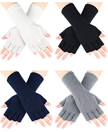 SATINIOR 4 Pairs Kids Long Half Winter Fingerless Gloves Knitted Arm Warmers Half Finger Mittens for Kids(Black+White+Gray+Navy Blue,for 10-15 Years Old)