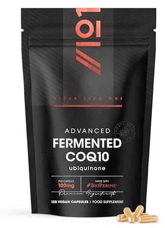 Fermented CoQ10 100mg – 120 Vegan Capsules – USP Grade Ubiquinone with BioPerine® Enhanced Absorption – Naturally Fermented Co Enzyme Q10 – by Alpha01