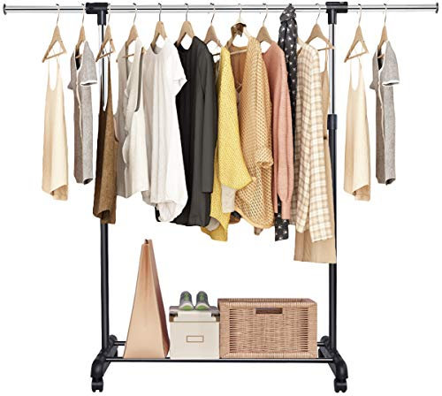 GIANTEX Kleiderständer, höhenverstellbarer Kleiderständer auf Rollen, rollbare Kleiderwagen, Kleiderstange stabil mit Schuhablage, Garderobenwagen ausziehbar, 84-140 cm x 42 cm x 92-170 cm