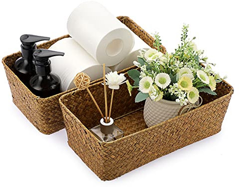 SUMTree Set of 2 Natural Seagrass Nesting Baskets, Decorative Home Storage Bins, Rattan Woven Organizing Baskets for Bathroom Laundry, Wicker Basket Multipurpose Container (Caramel, Medium)