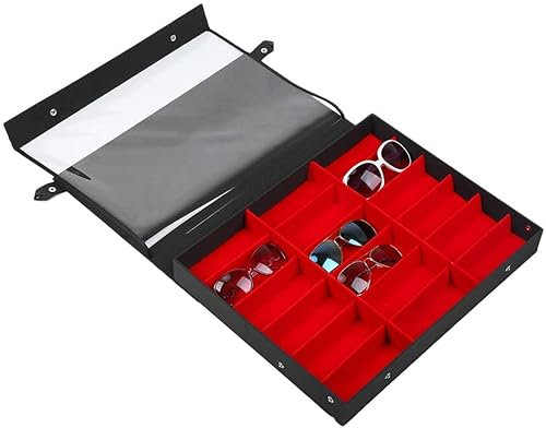Skybook Brillenbox für 18 Brillen Aufbewahrungsbox und Ständer für Haus und Geschäft Organizer für Brillen Sonnenbrillen und Lesebrillen 47,5 x 37,5 x 6cm (transparente Abdeckungen Schwarz-rot)