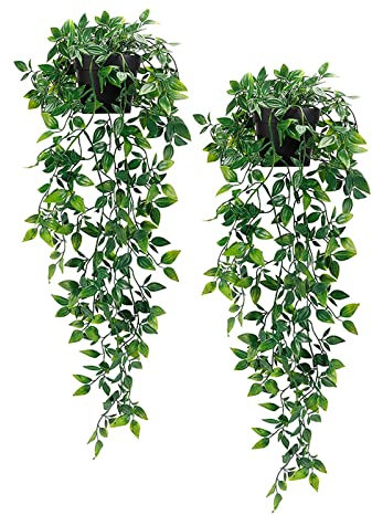 HMIEPRS 2 Piezas Plantas Artificiales Colgantes con Maceta, Plantas Falsas Mandala en Maceta de Plástico, Hojas Verdes Falsas Decoración de Pared para Boda Jardín Balcón Interiores Exteriores