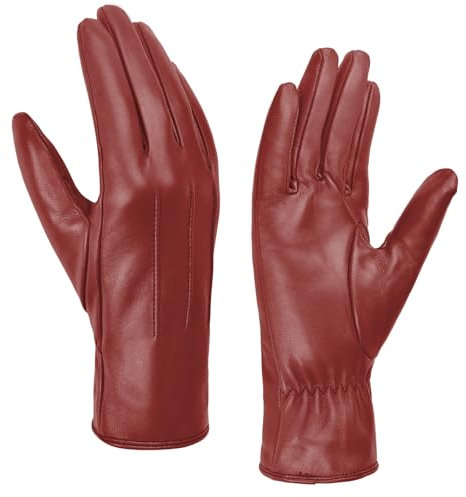 Harssidanzar Damen Lederhandschuhe Winter Warmes Kaschmirfutter Touchscreen Vintage Finished GL017EUA,Rot,Größe L