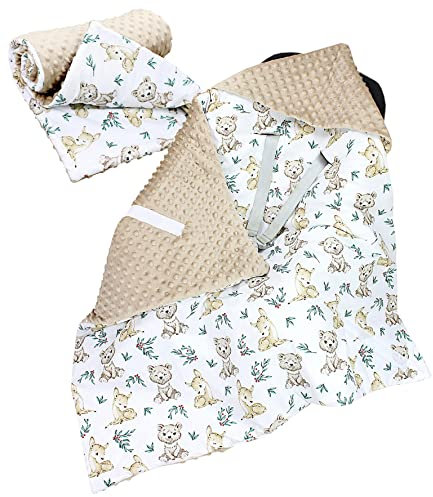 TupTam 2er Set Baby Decken Einschlagdecke 85x85 cm für Autositz Babyschale Babydecke Wiegendecke Minky Baumwolle, Farbe: Rehlein/Bären/Beige/Hellbraun, Größe: Herbst/Winter - 85 cm x 85 cm