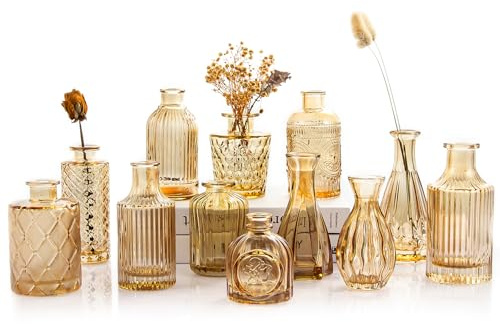 Amber Glass Bud Vases Set of 12, TBWIND Small Vases for Centerpieces, Vintage Mini Vases for Wedding Decor, Clear Glass Bud Vase in Bulk for Single Flowers, Office and Home Table Flower Décor