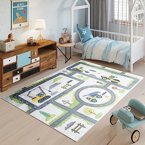 TAPISO Emma Teppich Waschbar bei 30 Grad Bunt Straße Verkehr Baustelle bedruckter Kinderteppich Antirutsch Kinderzimmer Jugendzimmer Modern ÖKO-TEX 80 x 150 cm