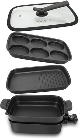AEWHALE 3-in-1 Multifunctional Electric Grill,Electric Skillet Nonstick with Lids 1400W Party Griddle for Cooking Meats &Pancake