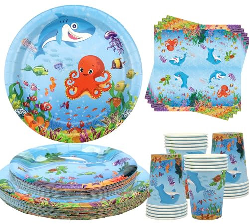 ENCETARDE - Fournitures de fête sous la mer - Vaisselle de fête sur la mer - 80 pièces - Bleu - Décorations pour occasions spéciales
