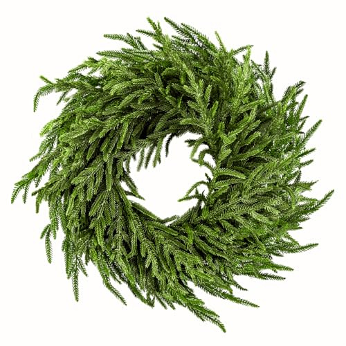 ENVEN 24 Norfolk Pine Wreath for Front Door, Real Touch Norfolk Pine Wreath Artificial Green Wreath Greenery Realistic Wreath Holiday Decoration for Home Decor