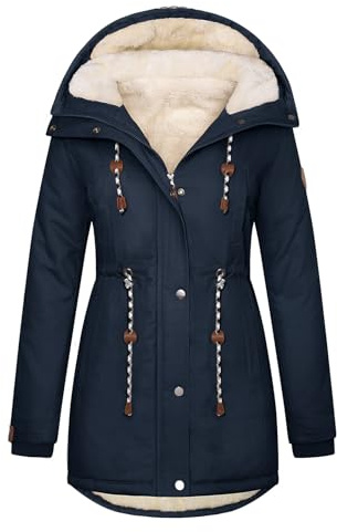 Xnova Womens Winter Fleece Lined Coats Warm Cotton Parka Jackets Ladies Padded Thermal Overcoat with Hooded and Drawstring Zip Up Windproof Outerwear, Navy Blue, M