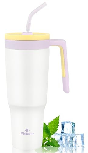 Philorn Thermobecher mit Strohhalm 1.2L Großer Trinkflasche, Tumbler Cup Becher mit Deckel und Henkel 1l, Edelstahlbecher Doppelwandiger Trinkbecher für Kaltgetränke, Auslaufsicher Kaffeebecher To Go