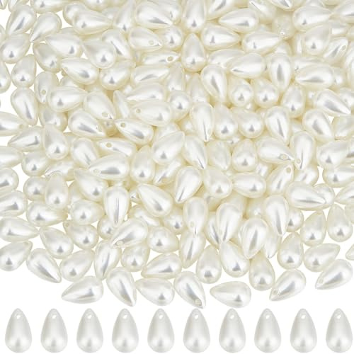 SOFPLATE 1 Box 300pcs Faux Pearl Charms Tear Drop Pearl Charm White Abs Plastics Oval Water Drop Imitation Pearls Charms Connectors for Jewellery Making Charms Bracelets Necklaces Earrings DIY Crafts