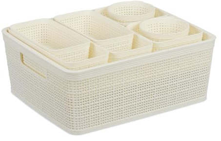 Relaxdays Lådorganiserare set 10 delar, lådavdelare, förvaringskorgar, olika storlekar. plastkorgar, badrum, vit