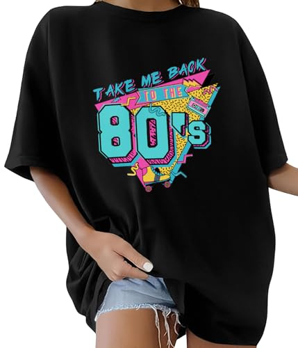 Lonya T-Shirt Oversize pour Femme à col Rond Manche Courte Tee Shirt Grande Taille Lettres Créatives 80s années 80 Vintage Rétro D'été Décontracté Coton Loose Haut Imprimé Streetwear Blouse