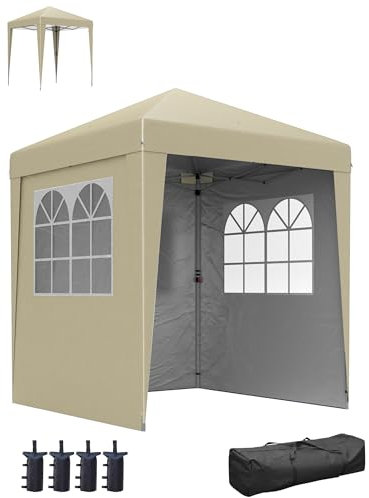 Outsunny Plegable jardín cenador Pop-up 2 x 2 m Carpa de Fiesta Altura Ajustable Anti-UV 30+ 3 Paredes Laterales con 4 Sacos de Arena y 1 Bolsa de Transporte Beige Acero Tejido Oxford