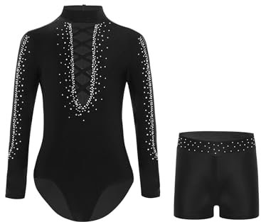 Hedmy Kinder Turnanzug Jungen Gymnastikanzug Langarm Trikot Tanzbody mit Kurz Hose Gymnastik Wettbewerb Dancewear Schwarz 170