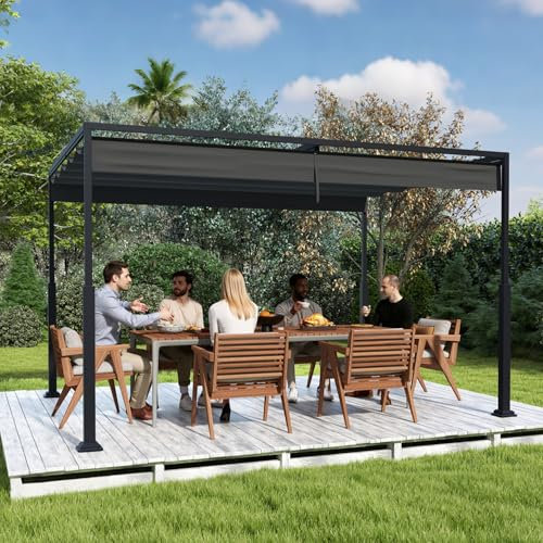 UISEBRT 3x4 m Pergola Pavillon mit stabilem Stahlgestell und hochwertigem Schiebedach aus PA-beschichtetem Polyester, freistehende Terrassenüberdachung, ideal für Outdoor (Schwarz)