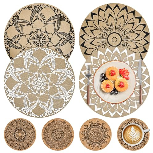 Juego de 8 manteles individuales redondos y posavasos, manteles individuales para mesa de comedor, manteles individuales de PVC resistentes al calor y lavables, manteles individuales antideslizantes