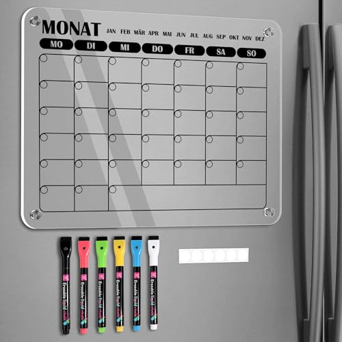 BIROYAL Magnetisch Monatsplaner Abwischbar 2026-40 x 30 cm Acryl Wochenplaner Magnetisch - Magnettafel Planer Kühlschrank Acryl mit 6 Whiteboard-Stift für Haushaltsplan, Essensplaner