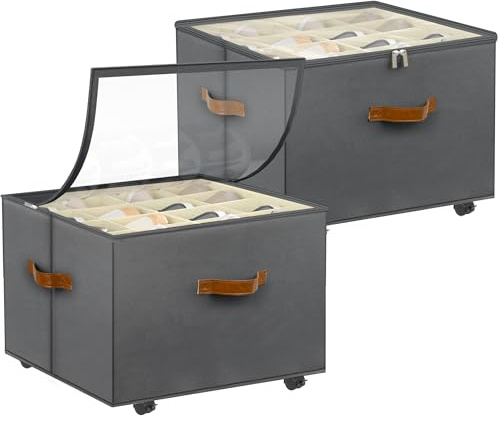Foyego Shoe Organizer for Closet, 2 Pack Shoe Storage Organizer with Wheels and Adjustable Dividers, Stackable Shoe Storage Box with Clear Cover, Closet Shoe Organizer Fits up to 16-32 Pairs, Gray