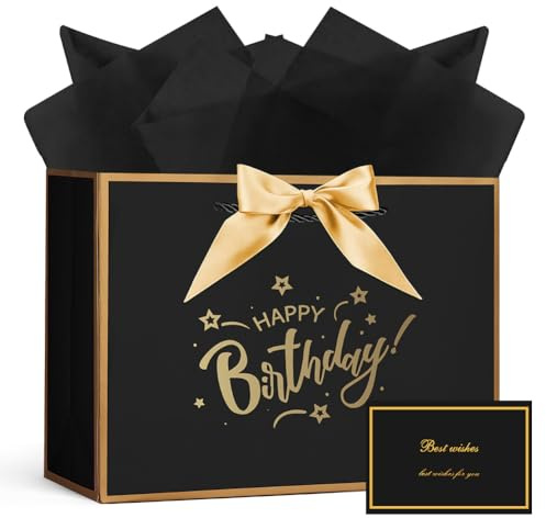 AOOSU Sacchetti Regalo Eleganti, 1pcs Sacchettini Borsa Regali Compleanno, Sacchetti Regalo in Carta con 3 Involucri e 1 Biglietti Perfetto per Compleanni e Anniversari (Compleanno)