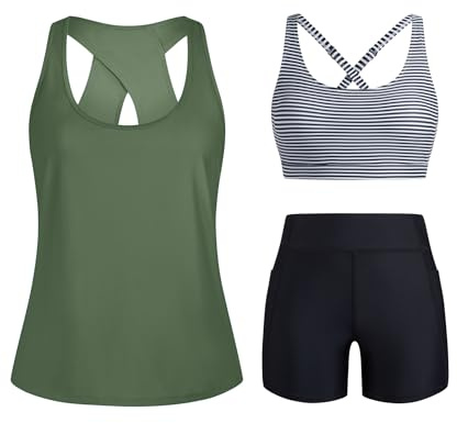 HUSKARY 3 Piece Tankini Swimsuits for Women Swim Tank Top with Bra and High Waist Boy Shorts with Pockets Green Striped X-Large