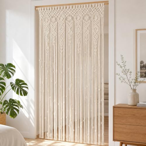 BORDEAG Tapiz de macramé bohemio, 90 x 180 cm, tapiz de macramé, cortinas separadoras hechas a mano, cortinas bohemias tejidas a mano de algodón para salón, dormitorio, balcón, pasillo, color blanco
