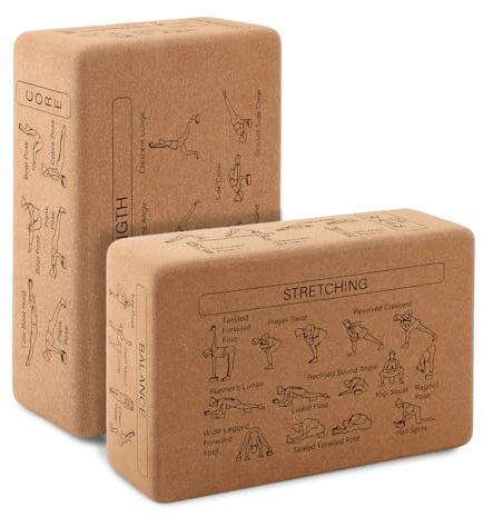 2 Pcs Yoga Block,High Density Natural Cork,Illustrated Guide to Yoga Poses
