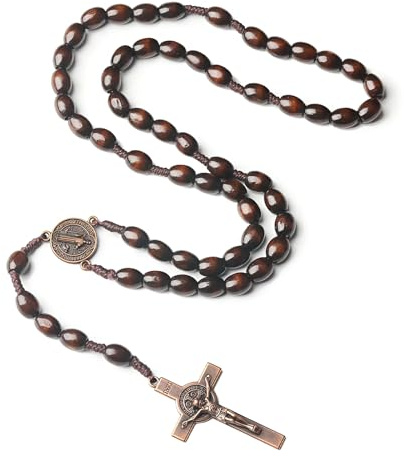 KUTKE Natural Wood Catholic Rosary Necklace with Saint Benedict Medal | Wooden prayer beads with a Jesus Christ crucifix and religious medal; for Catholic prayer, meditation and daily wear