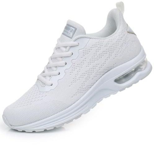 FLARUT Dam Sportskor Löparskor Sneakers Air Cushion Trainers Löpning Lättviktsskor Fitness Gym Sneakers Träningsskor Bekväm(Vit,36 EU)