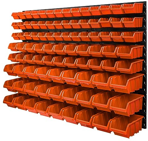 Panneau porte - outils 116 x 78 cm 91 boîtes de Rangement empilables en Plastique bacs a bec en orange pour Garage, Atelier, Banc de traiavail, system murale modulable, crochets a outils, supports