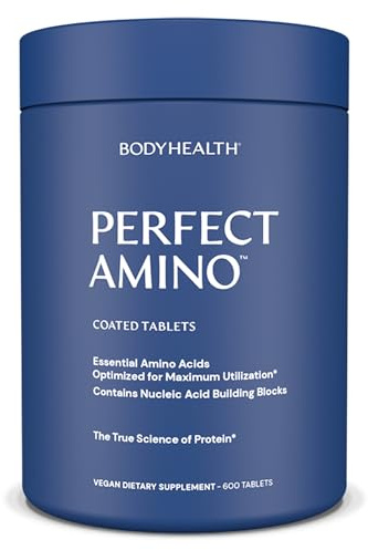 BodyHealth PerfectAmino (600 ct) Easy to Swallow Tablets, Essential Amino Acids Supplement with BCAAs, Vegan Protein for Pre/Post Workout & Muscle Recovery with Lysine, Tryptophan, Leucine, Methionine