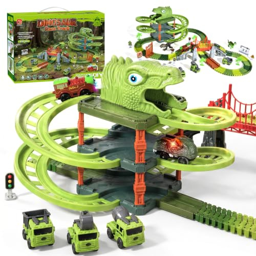 Dinosaur Race Track Toys, Create A Dinosaur World Road Race for Kids Toys, Flexible Track Playset with Three-Level Parking Garage and Dinosaurs Car, Birthday for Boys Girls Ages 3-12