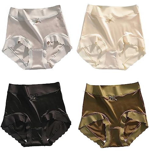 Culotte en soie glacée, 4 pièces sans couture avec contrôle du ventre taille haute, sous-vêtement respirant confortable en soie glacée pour femme (L,A)