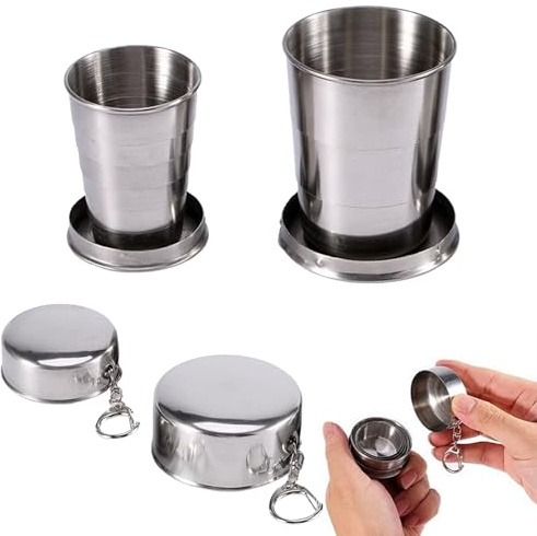 Drickkopp i rostfritt stål, campingmugg vikbar, bärbar hopfällbar kopp, rostfritt stål resa vikbar mugg, hopfällbar kopp med nyckelhållare, bärbar teleskopmugg resemugg, 2 stycken (75 ml + 150 ml)