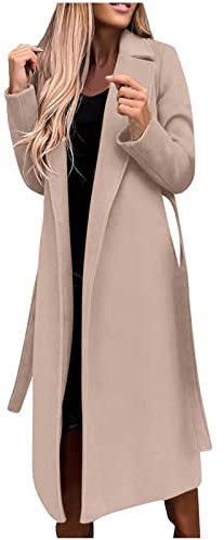 Lange Trenchcoat Damen Elegant Einfarbig Wollmantel Langarm Revers Winterjacke Schlanke Jacke Windbreaker mit Gürtel Herbst Winter Übergangsjacke Schlitz Wintermantel Warme Wolljacke Mantel Windjacke