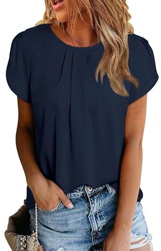 Dokotoo Camicia Donna Estiva Elegante Blusa a Maniche Corte con Girocollo Camicetta Casual in Chiffon Camicie, Blu Scuro, S